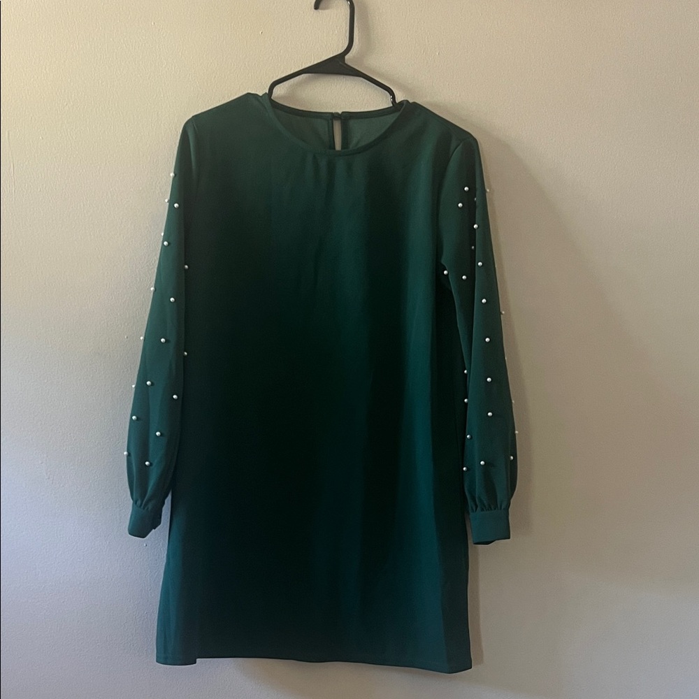 SHEIN Green Long Sleeve Dress with Pearl Details
